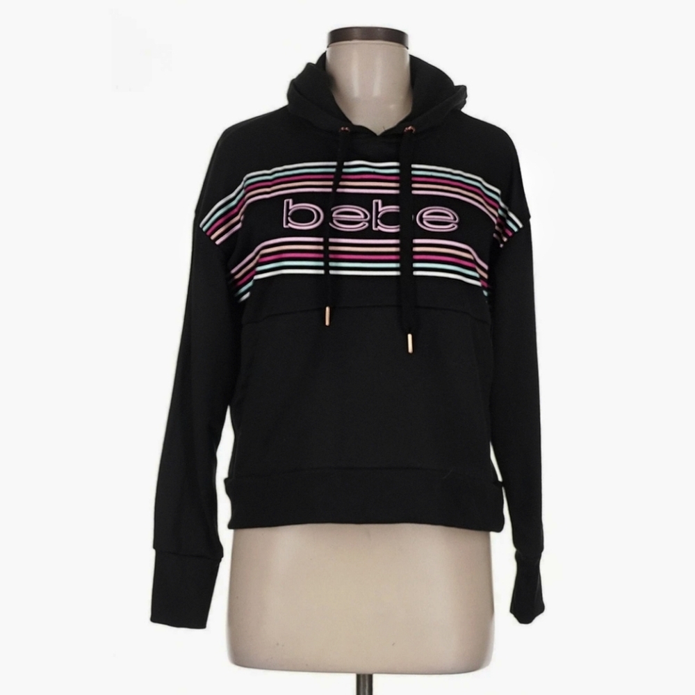 NEW Bebe Sport Plus Size Colorful Stripe Logo Pullover Hoodie
